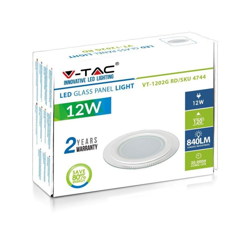 VTAC MINI PANNELLO LED DA INCASSO 12W 3000K ROTONDO IN VETRO SKU