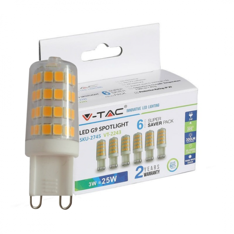 V-TAC VT-2243 SUPER SAVER PACK CONFEZIONE 6 LAMPADINE LED G9 3W - SKU 2745  / 2746 /